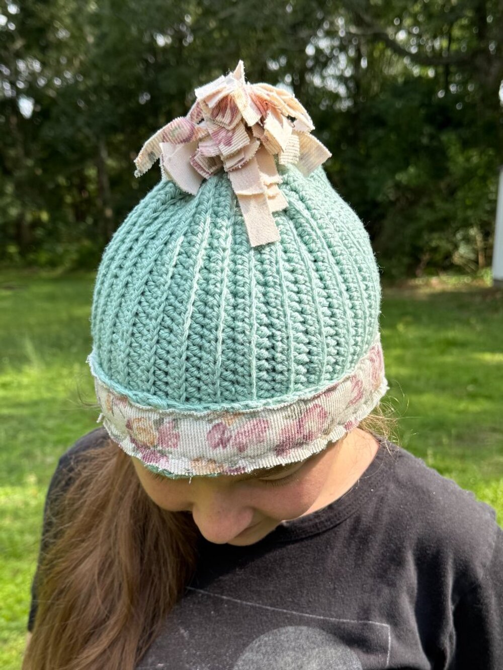 Hand-Crocheted Green Beanie Hat with Upcycled Floral Trim & Scrappy Pom-Pom